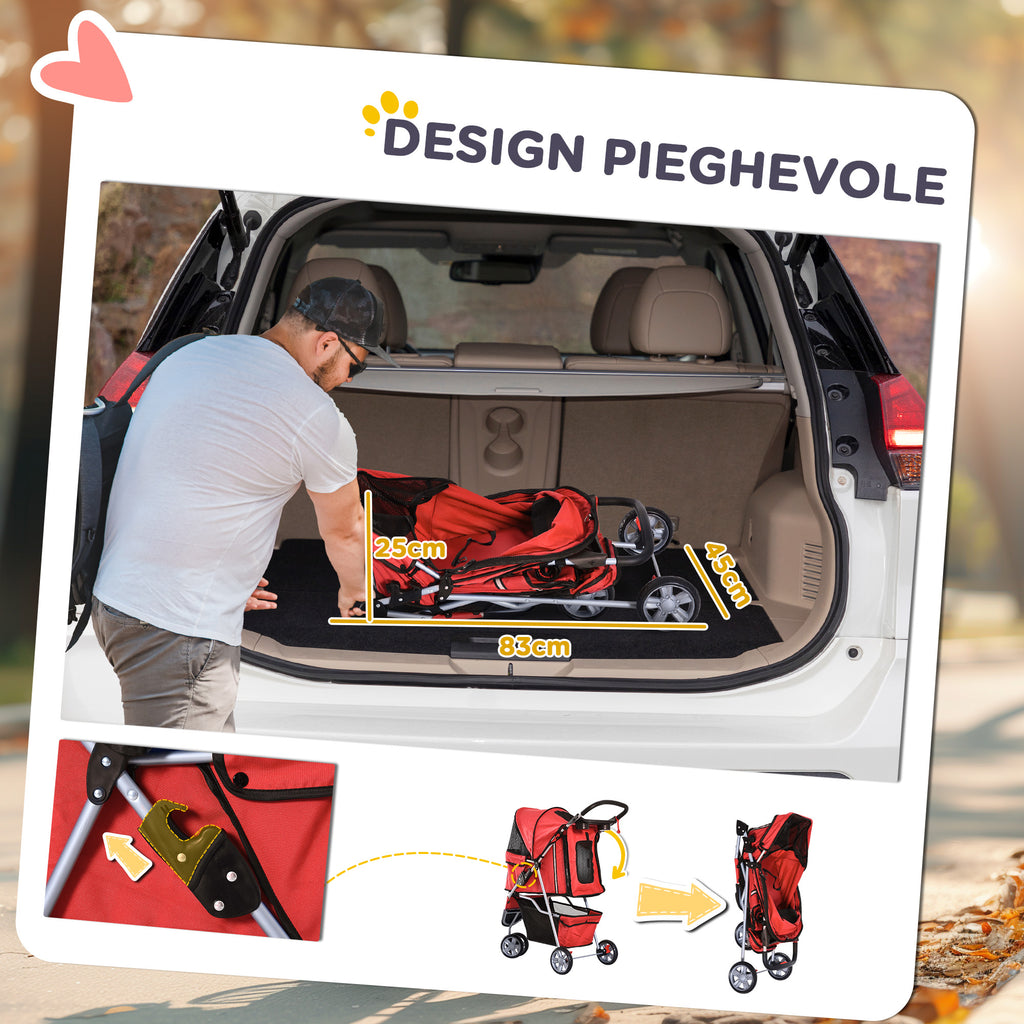 Folding Dog Stroller for Small Dogs, Dog Pushchair with Braked Wheels, Cup Holder, Storage Basket and Removable and Washable Padding, for Pets up to 10 kg, Red