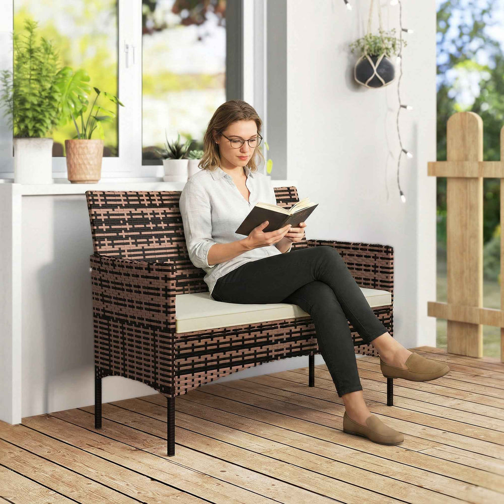 Outsunny 2-Seater Garden Sofa with Cushions and Non-Slip Mats, in Rattan and Steel, 115x63x85 cm, Beige