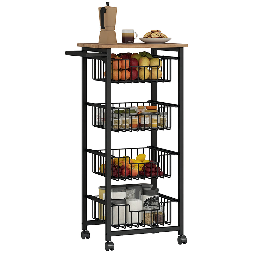Kitchen Trolley with 4 Pull-Out Baskets, Wheels and Brakes, Steel and Wood, 49.5x31x91 cm, Oak