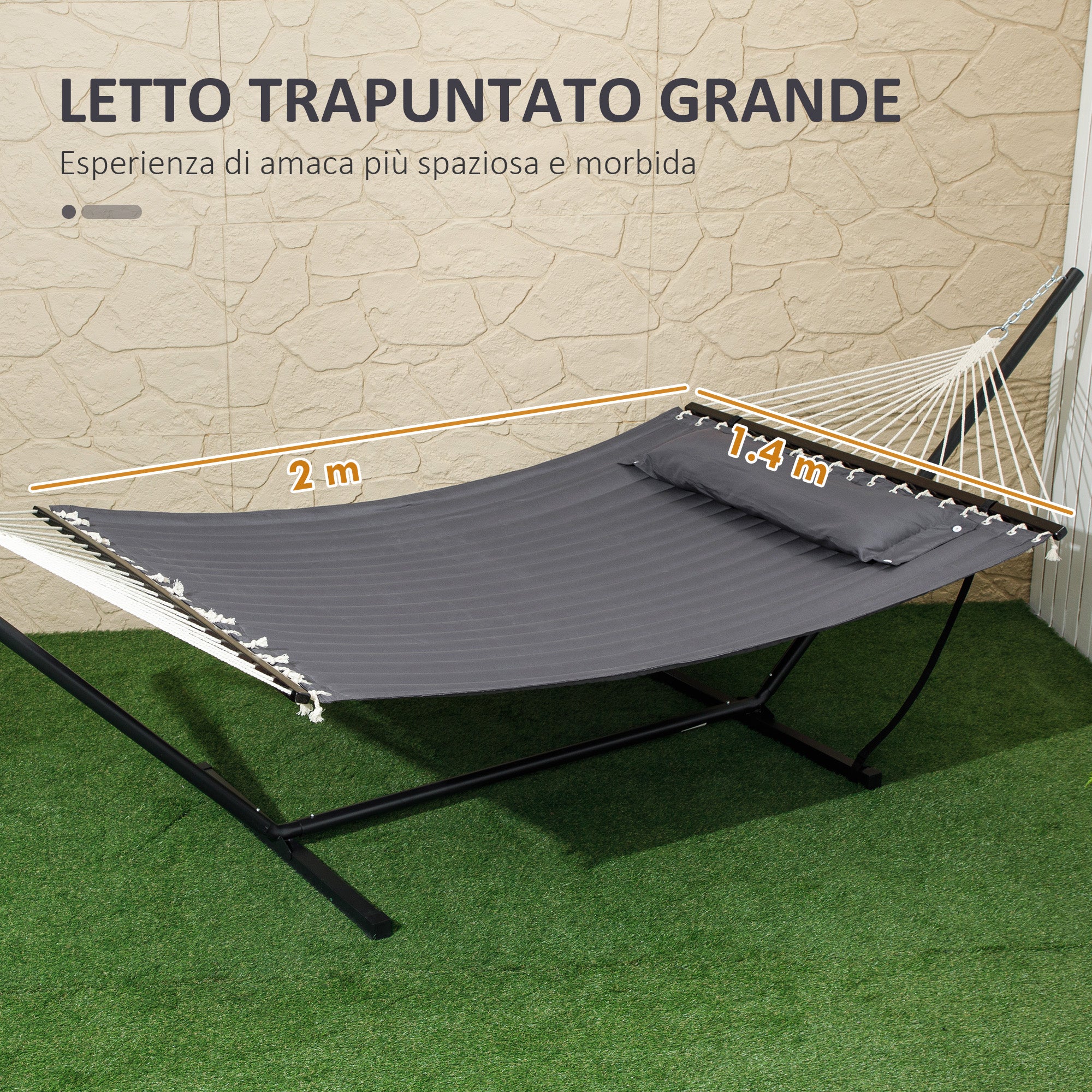 Portable Garden Hammock with Integrated Cushion, in Cotton, Polyester and Steel, 368x93x110 cm, Dark Gray