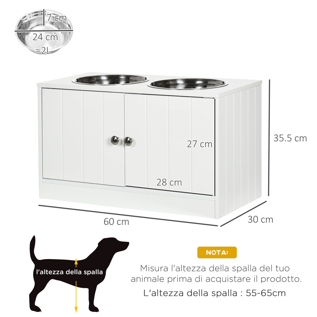Raised Dog Bowls with 44L Cabinet and 2 Steel Bowls, 60x30x35.5cm, White - Borgè