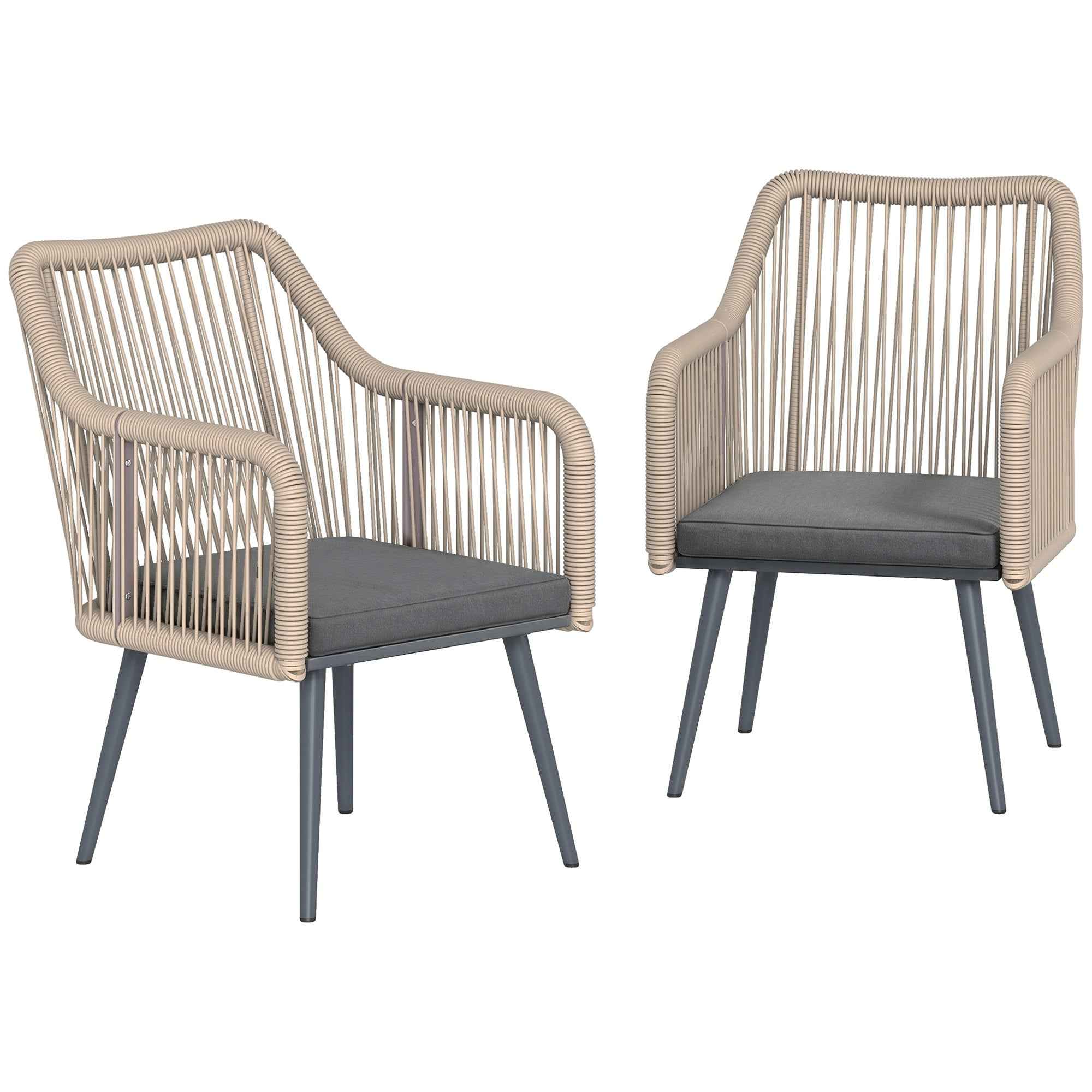 Outsunny Set of 2 Garden Chairs with Cushions and Armrests, in Steel and PE Rattan, 54x65x80 cm, Dark Grey