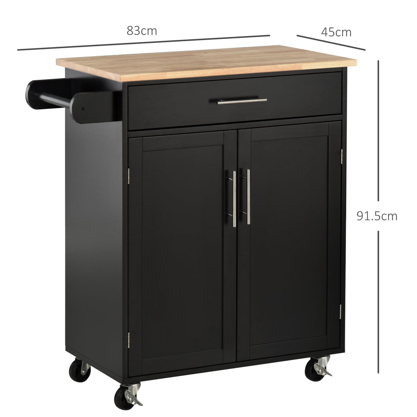 HOMCOM Kitchen Trolley with Drawer and Cabinet 2 Doors, Wheels and Side Bar, 83x45x91.5cm, Black