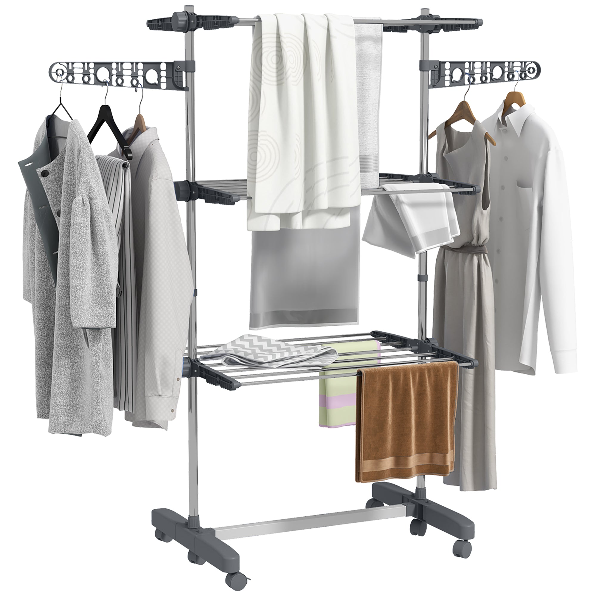 Vertical Drying Rack with 3 Adjustable Shelves, in Steel and Plastic, 142x55x152 cm, Grey and Silver