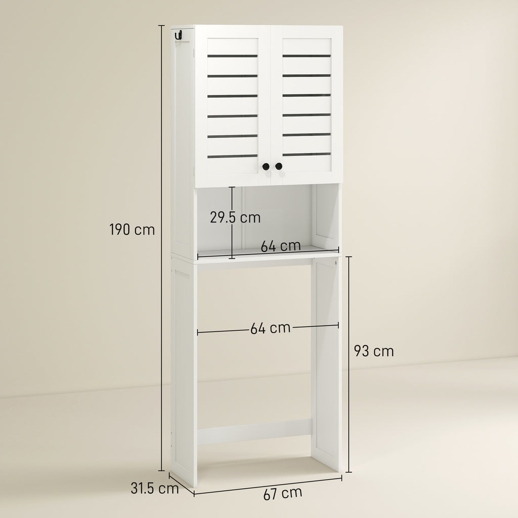 Over Toilet Cabinet with 2 Doors and Open Shelf, White Wood, 67x31.5x190 cm