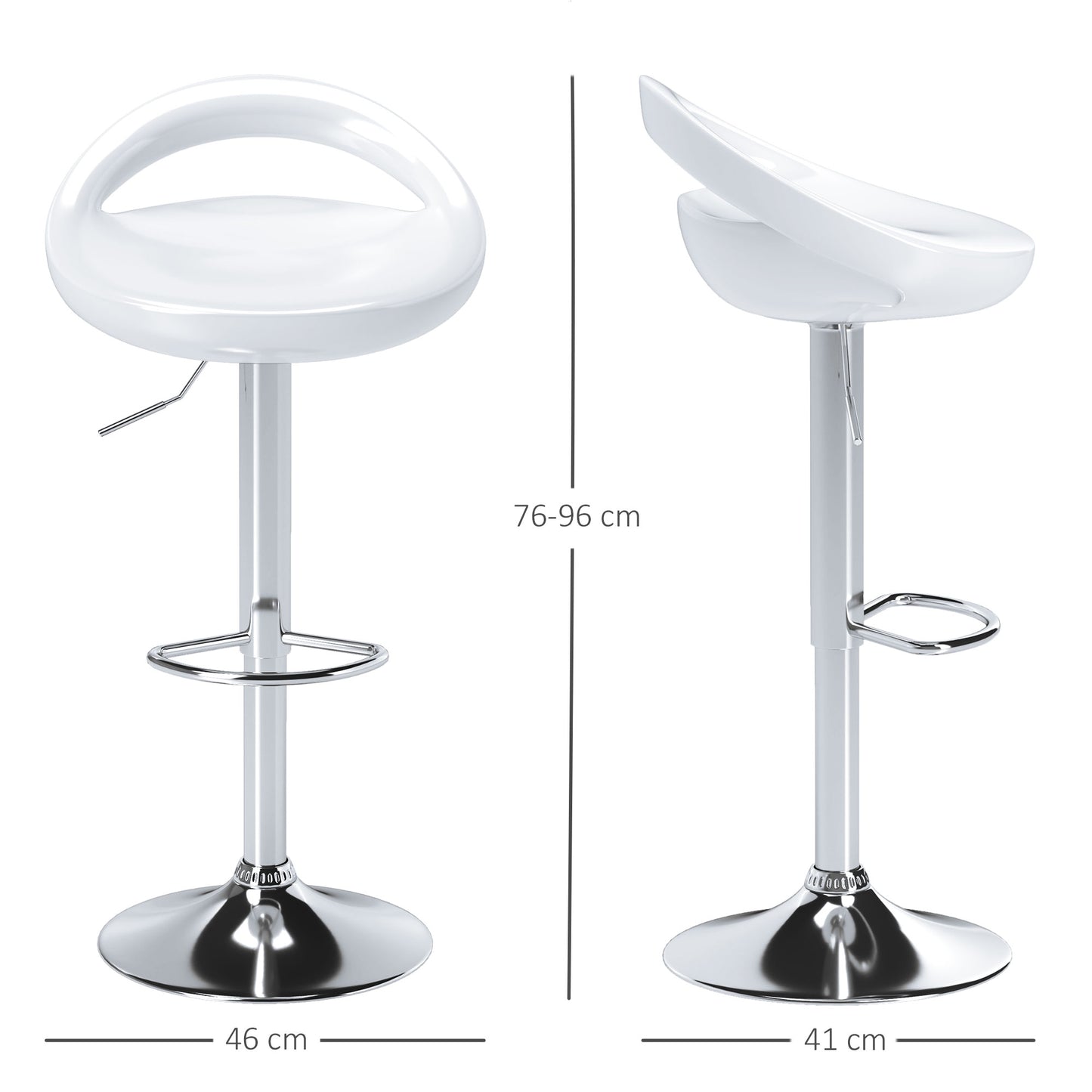 Set of 2 Swivel Bar Stools with Footrest, Adjustable Height, Steel Base, ABS Seat, White