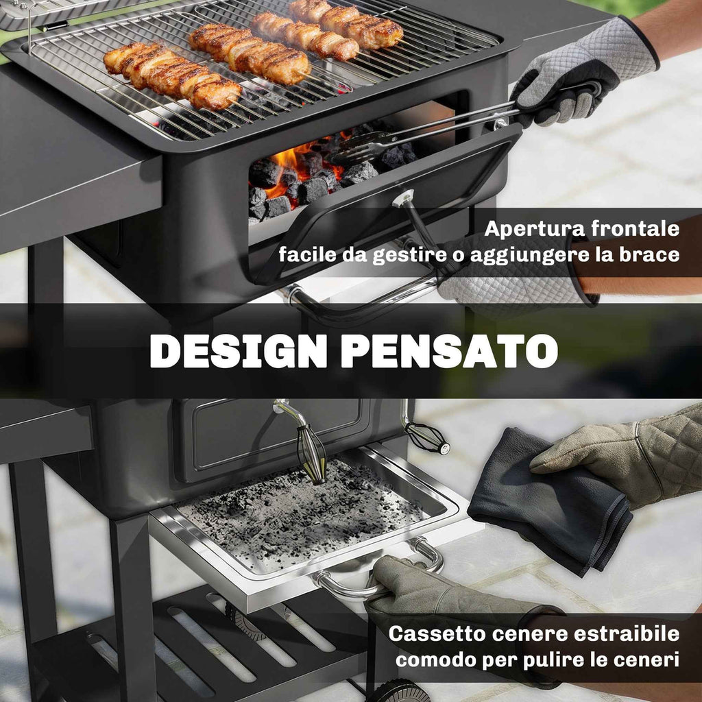 Outsunny Charcoal Barbecue, Portable Smoker with Ventilation, Thermometer and Side Shelves, Black
