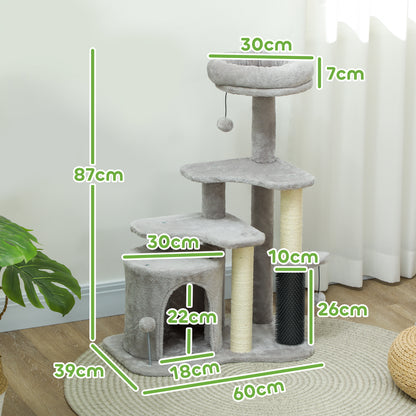 Cat Tree with Playhouse, Bed and Balls, Chipboard, Sisal and Plush, 60x39x87 cm, Light Grey and Cream