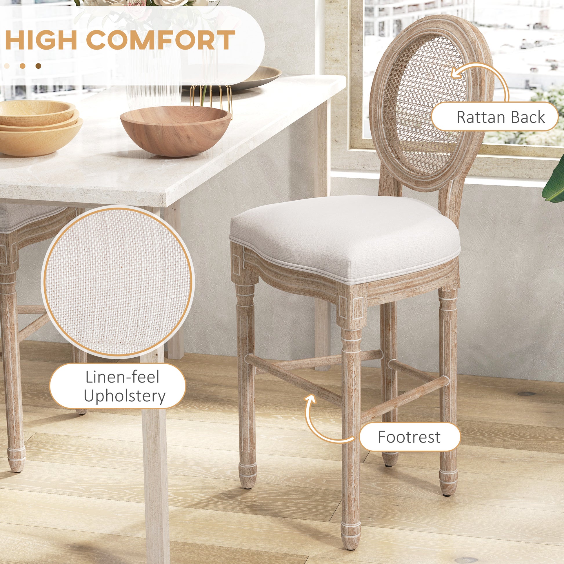 Homcom Set 2 bar stools with back, cushions and footrests, in wood and polyester, 48x56x118 cm, cream - Borgè