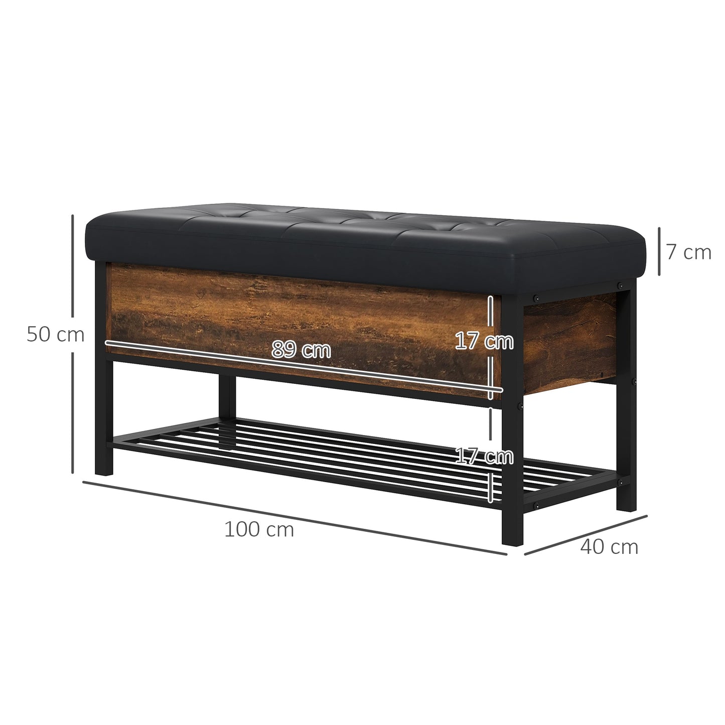 HOMCOM Industrial Entrance Shoe Bench with Hidden Shelf, in Chipboard and Steel, 100x40x50 cm, Brown and Black - Borgè