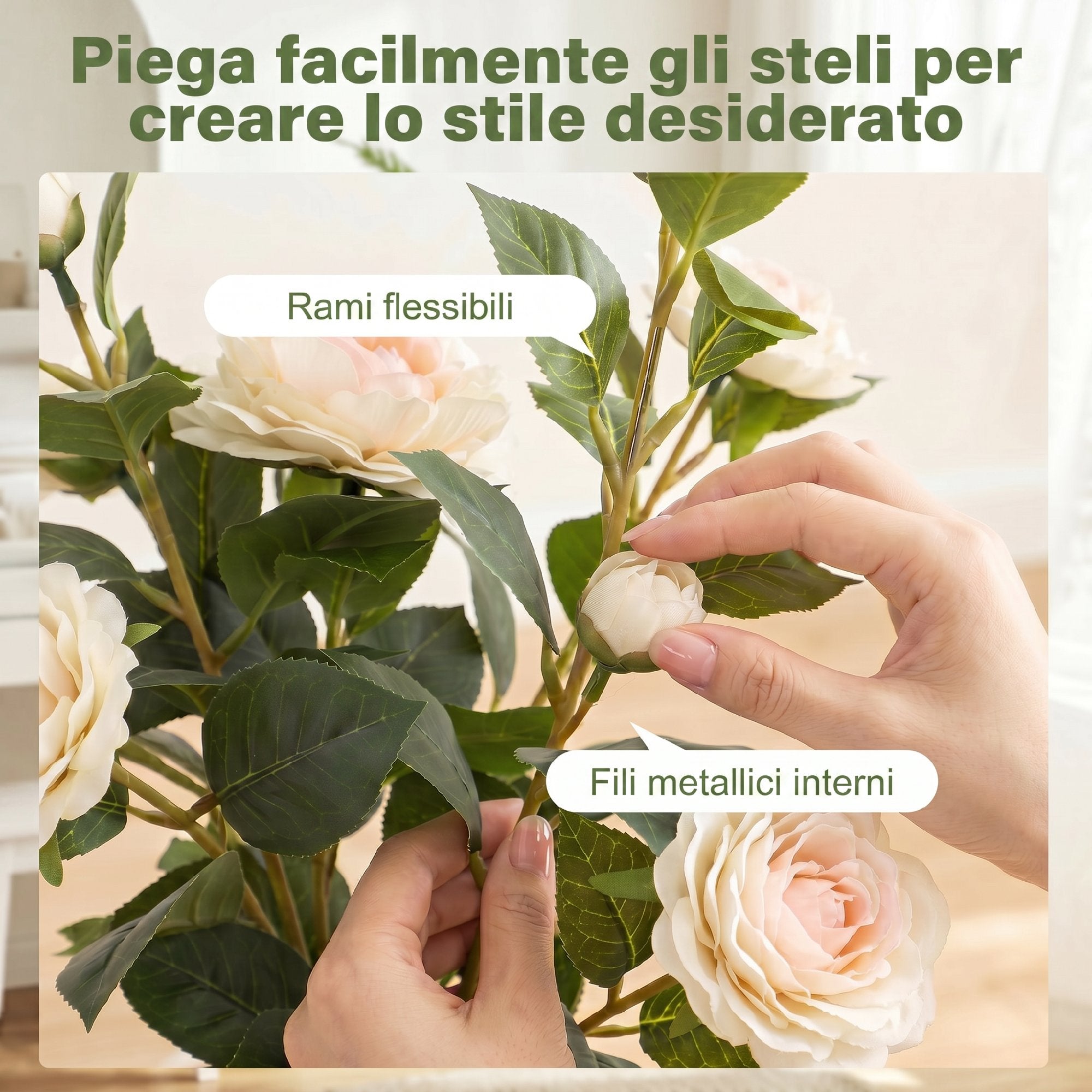 HOMCOM Artificial Camellia Plant with Realistic Flowers, 176 PEVA Leaves and Black Cement-Filled PP Pot, White