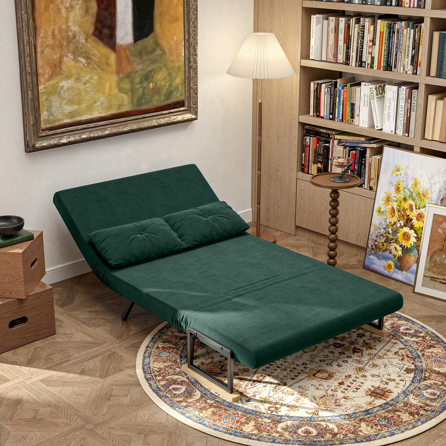 3-in-1 Velvet Effect Fabric Sofa Bed with Adjustable Backrest and 2 Cushions, 102x73x81 cm, Green