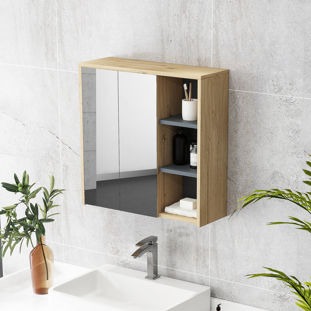 Bathroom Mirror Cabinet with 2 Doors, 60x20x60 cm Bathroom Cabinet with Mirror, Open Compartment, Natural