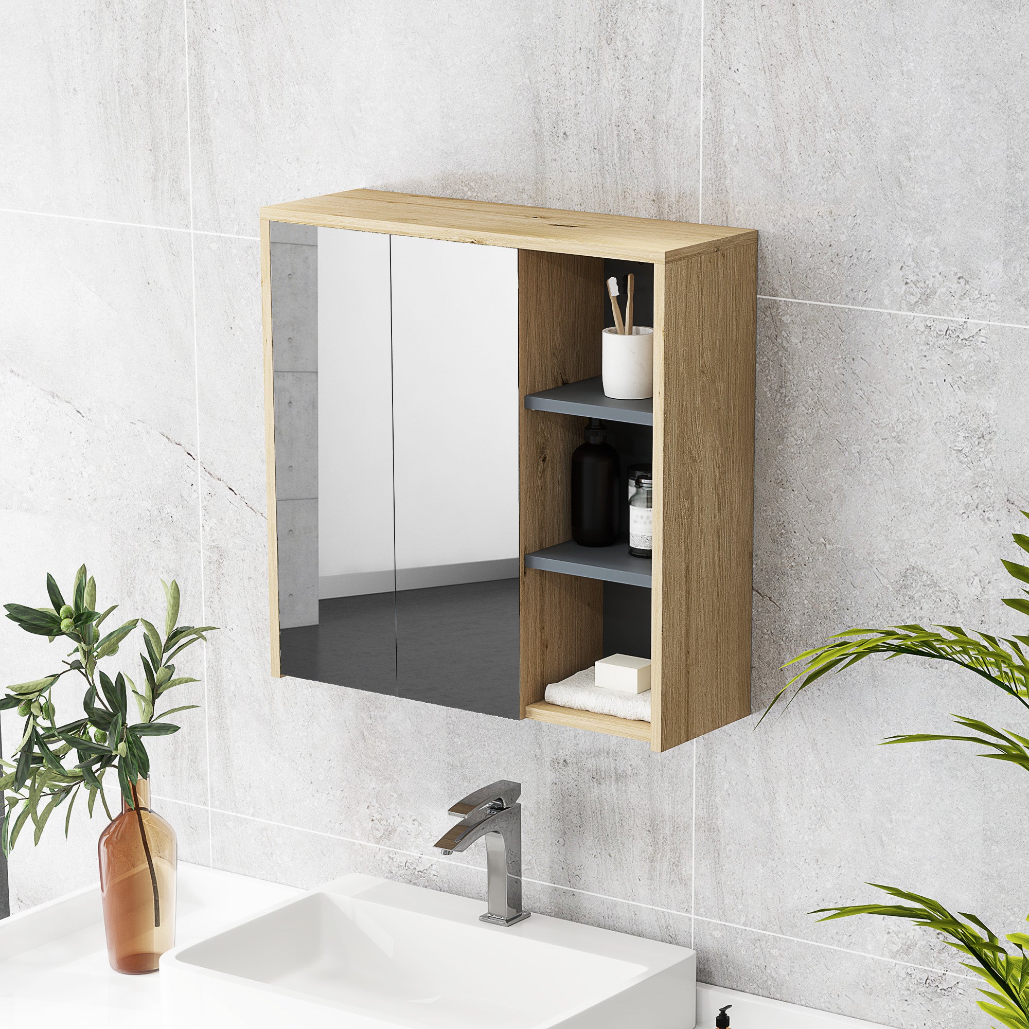 Bathroom Mirror Cabinet with 2 Doors, 60x20x60 cm Bathroom Cabinet with Mirror, Open Compartment, Natural
