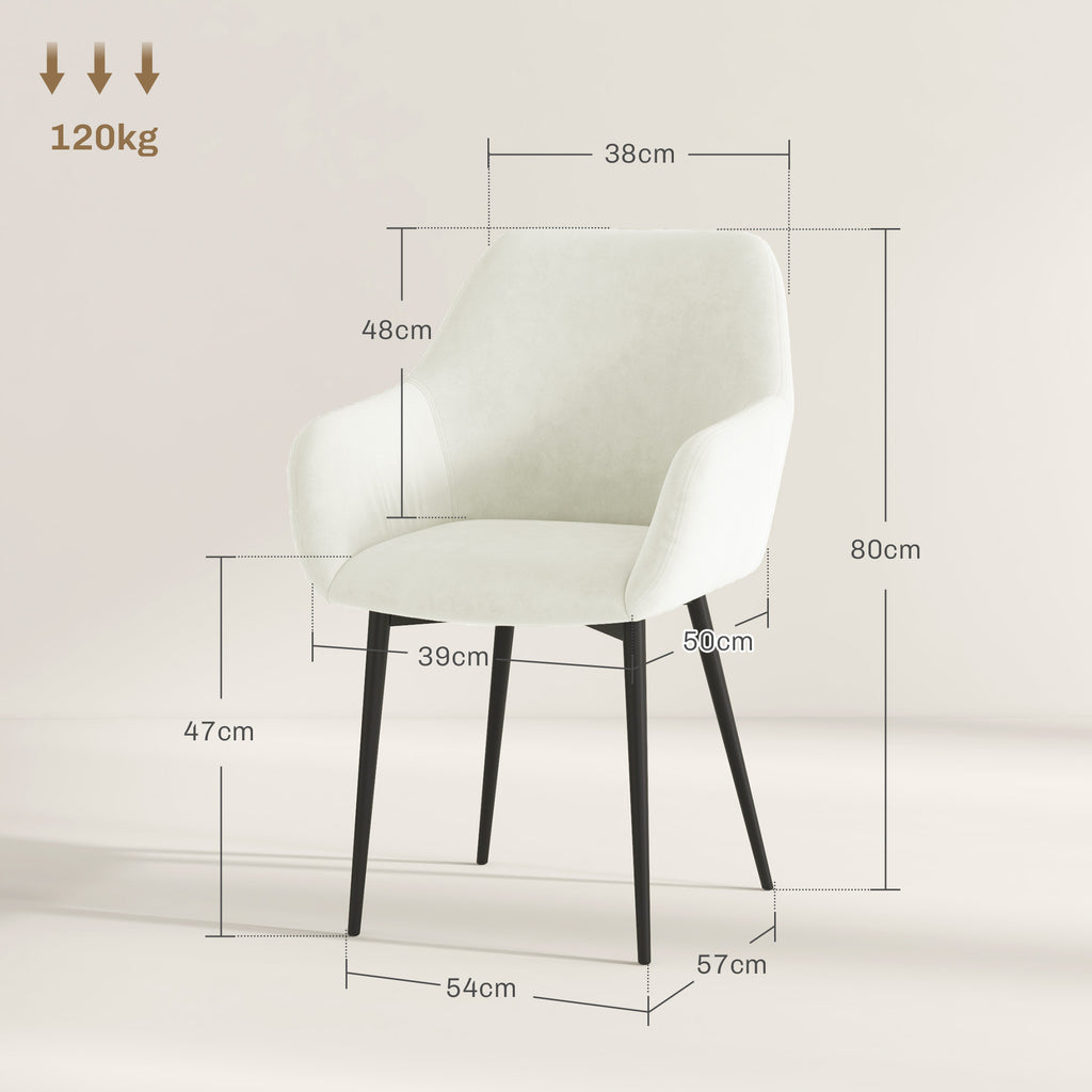 Set of 2 Nordic Dining Chairs Padded with Curved Armrests in Velvet Effect Fabric, 54x57x80 cm, Cream