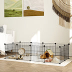 Modular Animal Run with 12 Panels 35x35 cm and Rounded Edges, Metal and ABS, 140x70x35 cm, Black