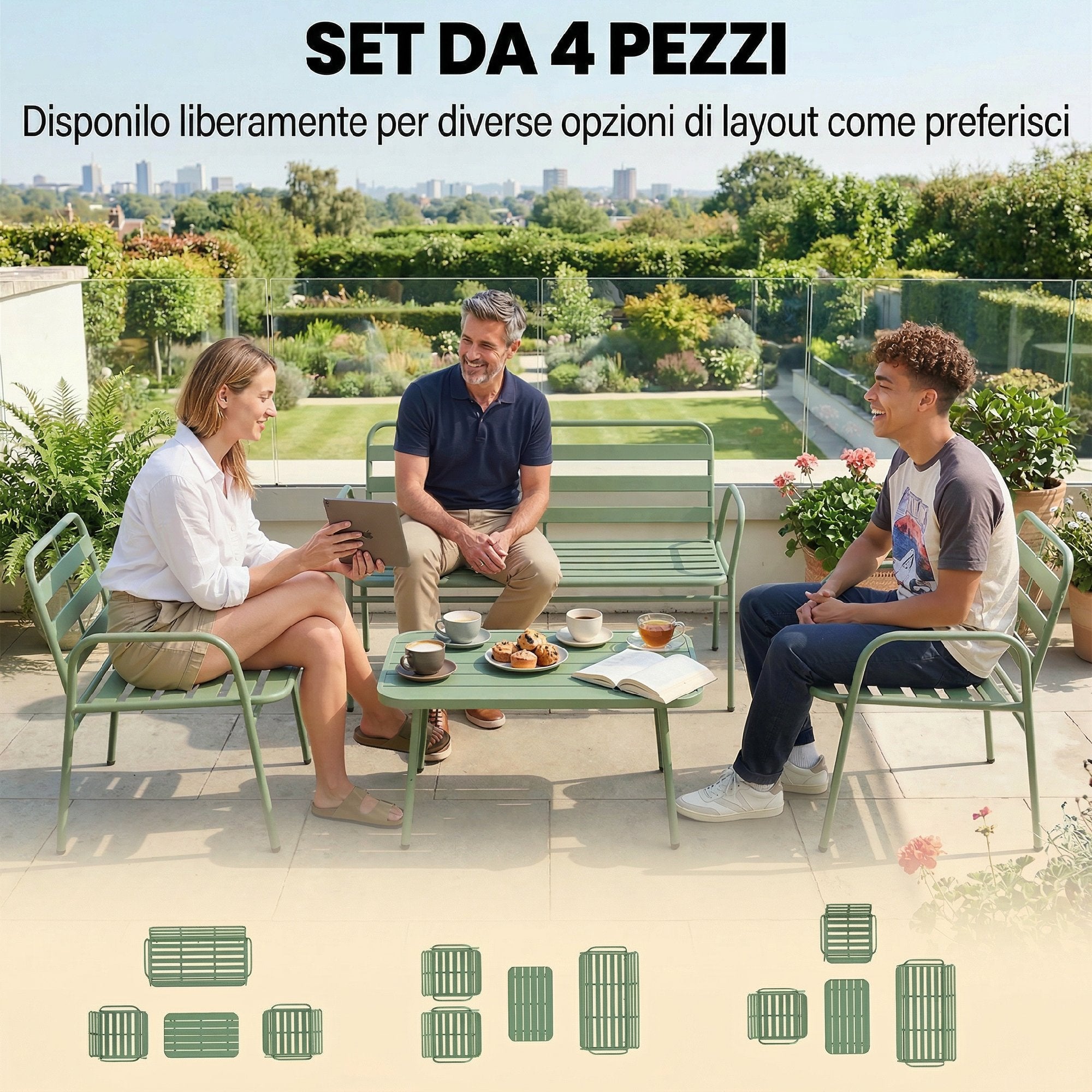 Outsunny 4-Piece Garden Set, Outdoor Metal Sofa with Slats, Green