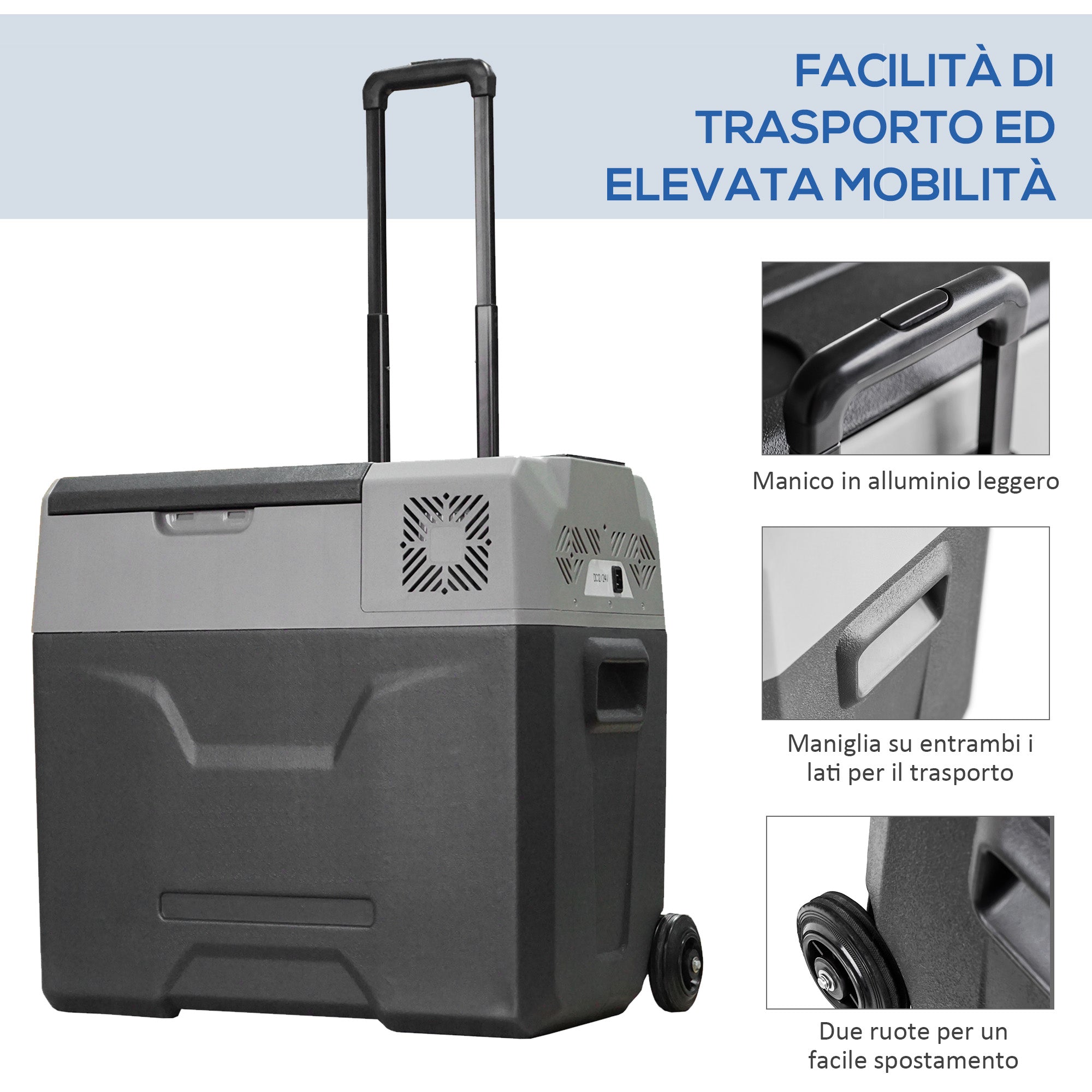 50L Car Fridge with Touch Panel, Handle and 2 Wheels, in Aluminum and Plastic, 58.6x37.8x54.5 cm, Gray