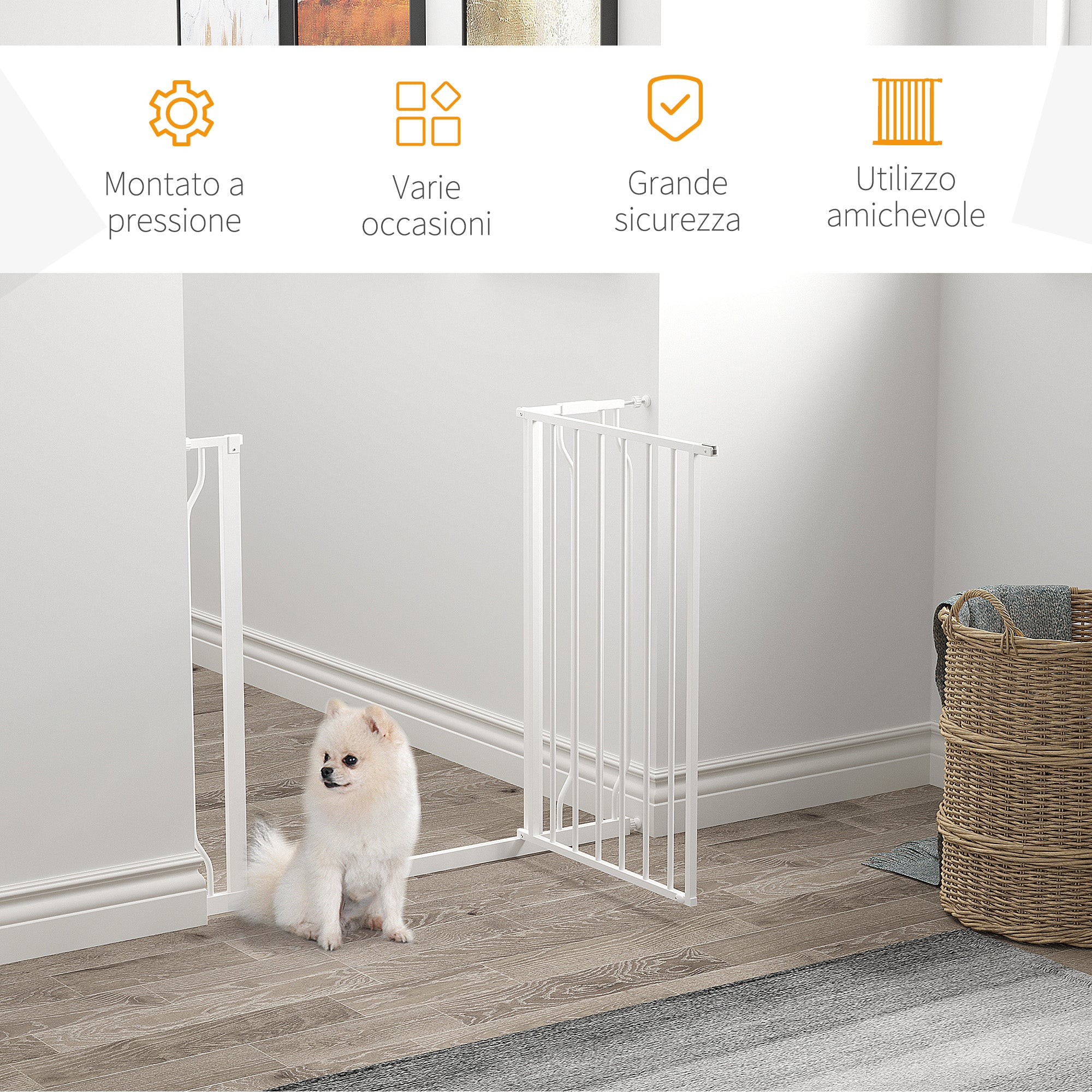 Adjustable Width Dog Gate with Double Lock, Steel and ABS, 76x75-95 cm, White