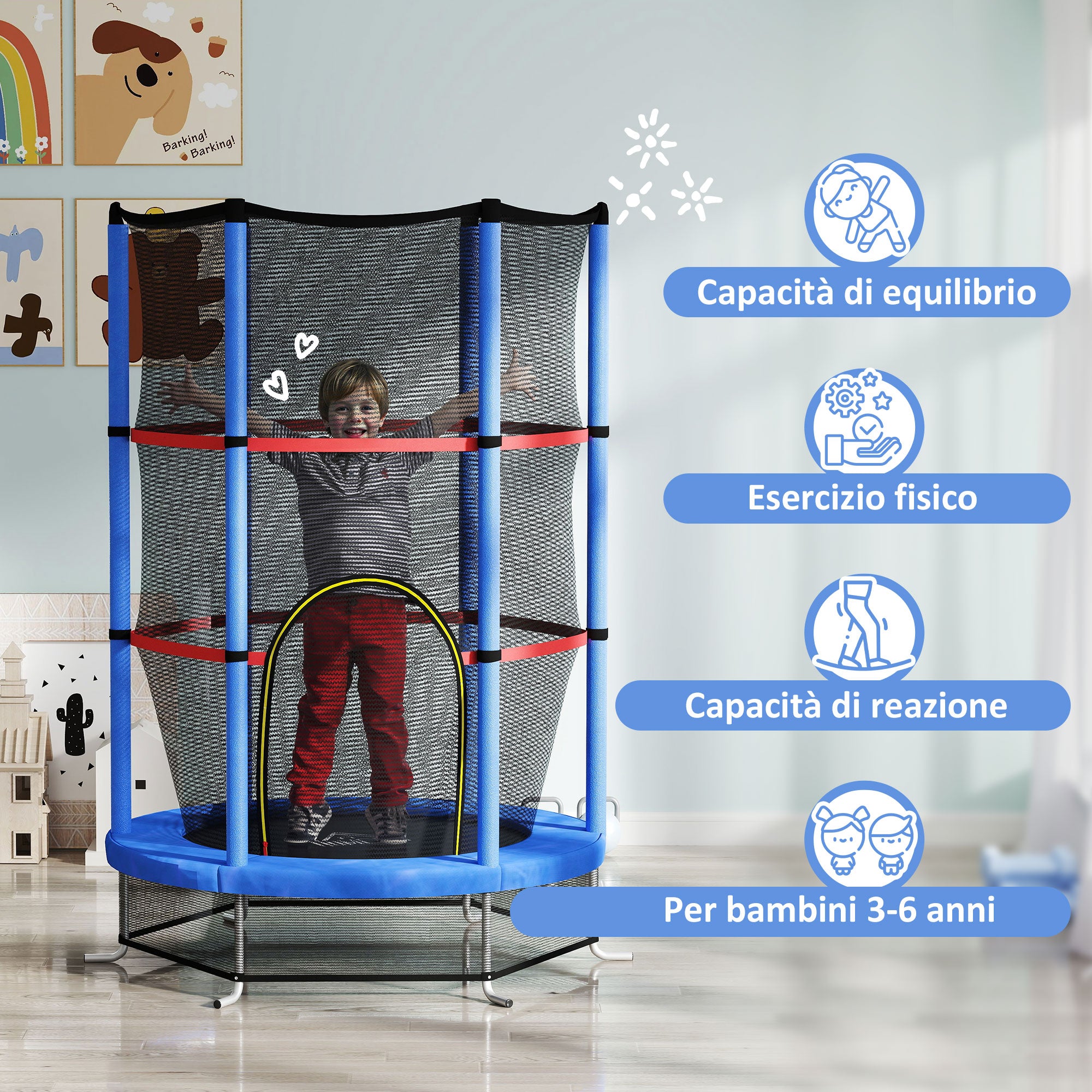 Trampoline for Children 3-6 Years with Safety Net, 6 Columns and 3 Entrances, Ø140x190 cm, Blue and Black