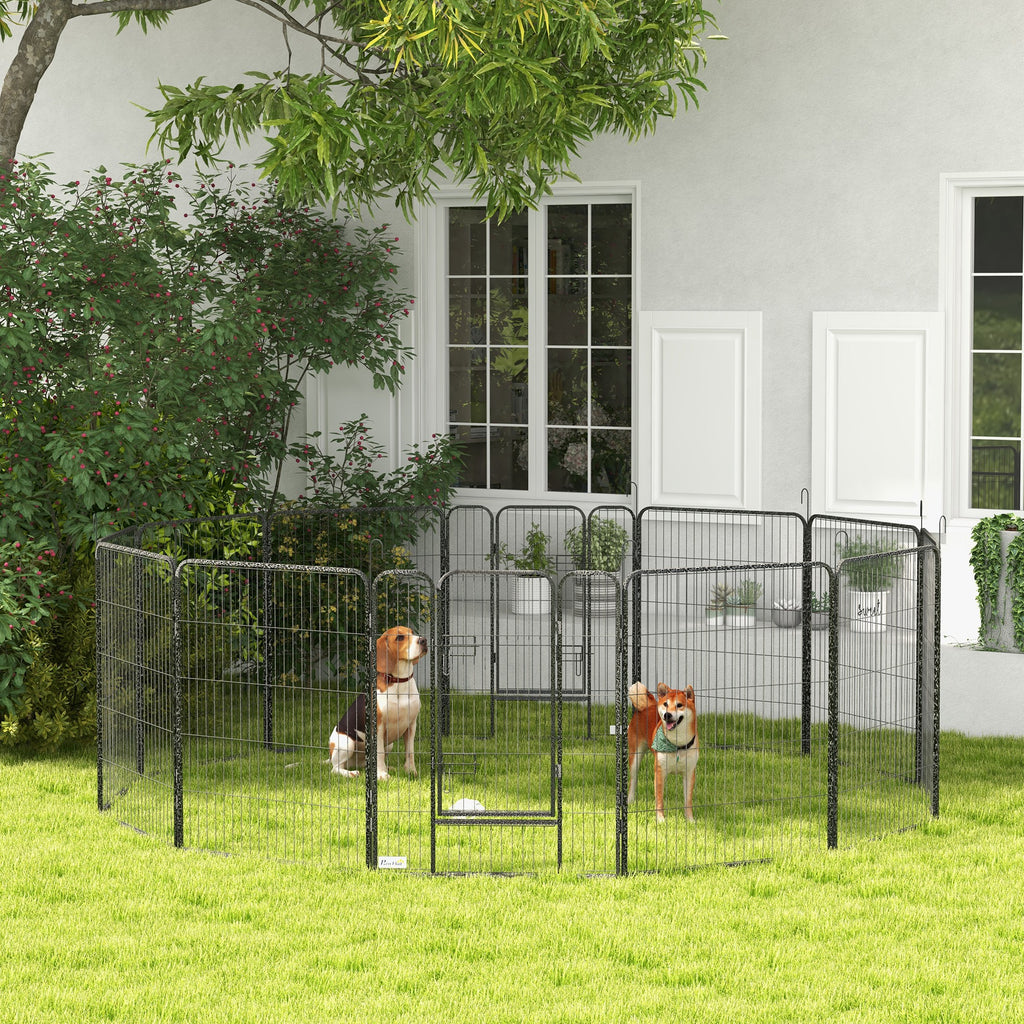 PawHut 12-Panel Modular Dog Playpen, 80x100 cm, Foldable, with Steel Door and 12 Pegs, Grey