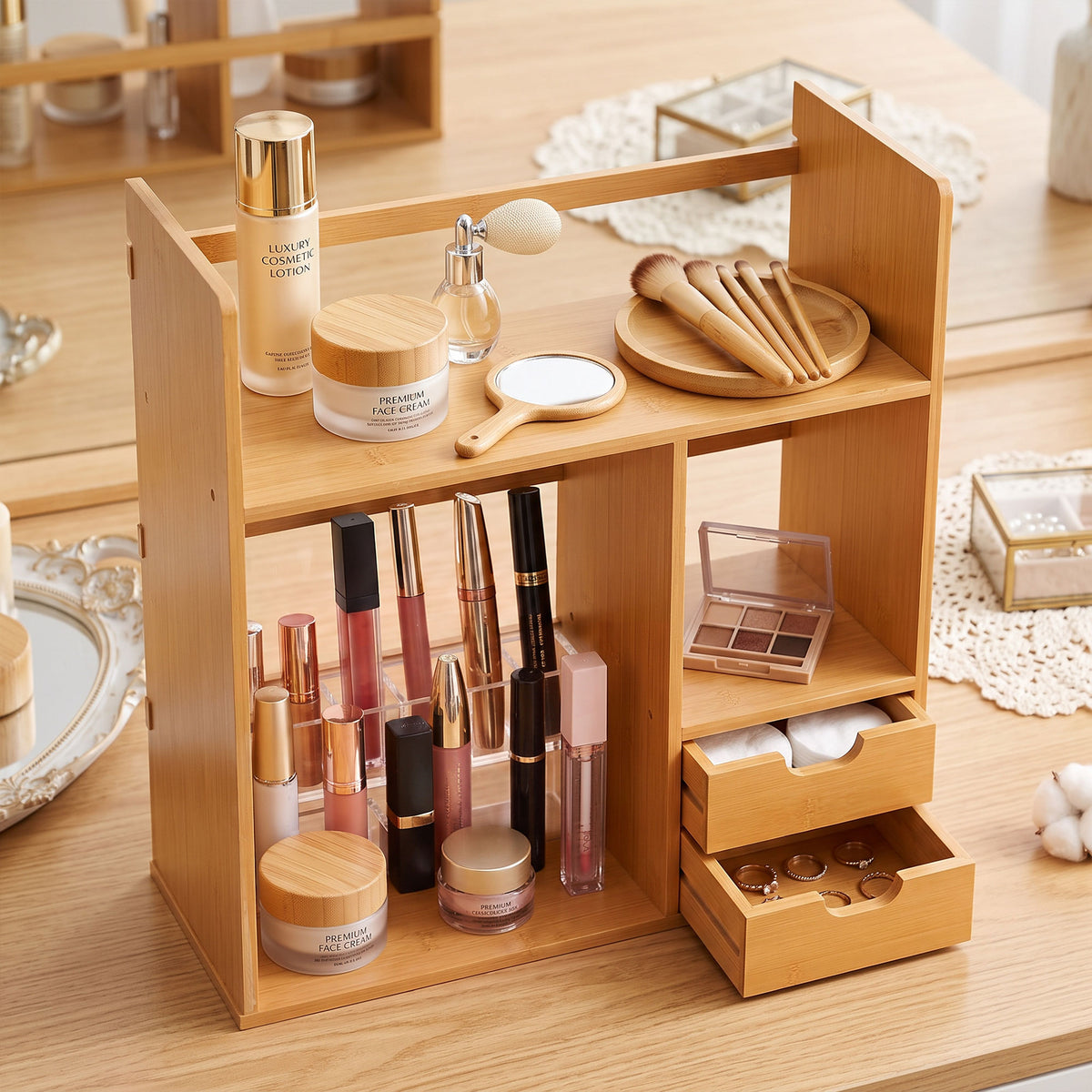HOMCOM Bamboo Desk Organizer with 2 Drawers, Multifunctional Stationery and Document Holder with Shelves, Reversible Use