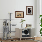 Cat Tower with House, Perch, Platforms and 4 Mice, Made of Wood, Plush and Sisal, 50x35x134.2 cm, Grey
