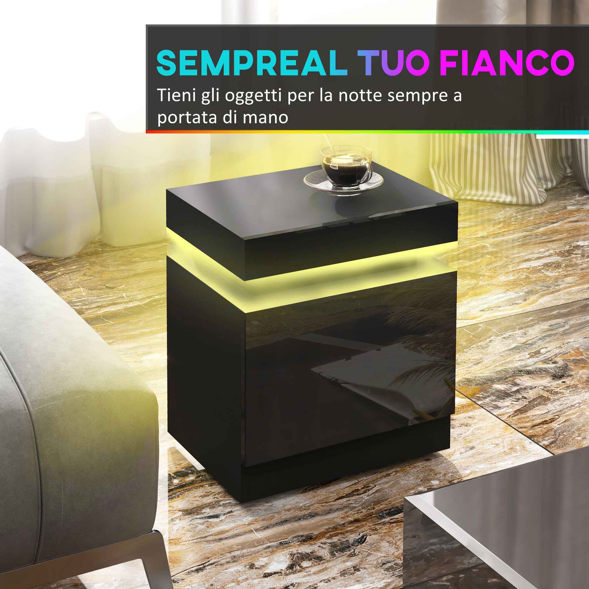 HOMCOM 16-Color LED Nightstand with 4 Modes and 2 Drawers, Wooden, 45x35x52 cm, Black