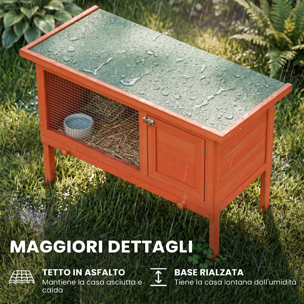 PawHut Outdoor Rabbit Hutch in Pine Wood with Removable Tray, Opening Roof and Lockable Door, Orange