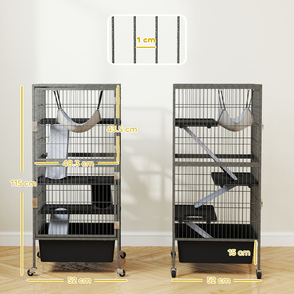4 Level Small Animal Cage with Ramps, Platforms, Hammock and Wheels, 52x52x115 cm, Grey