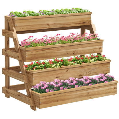 4 Tier Raised Planter with Drainage Holes and Non-Woven Fabric, Fir Wood, 75x57x60.5 cm