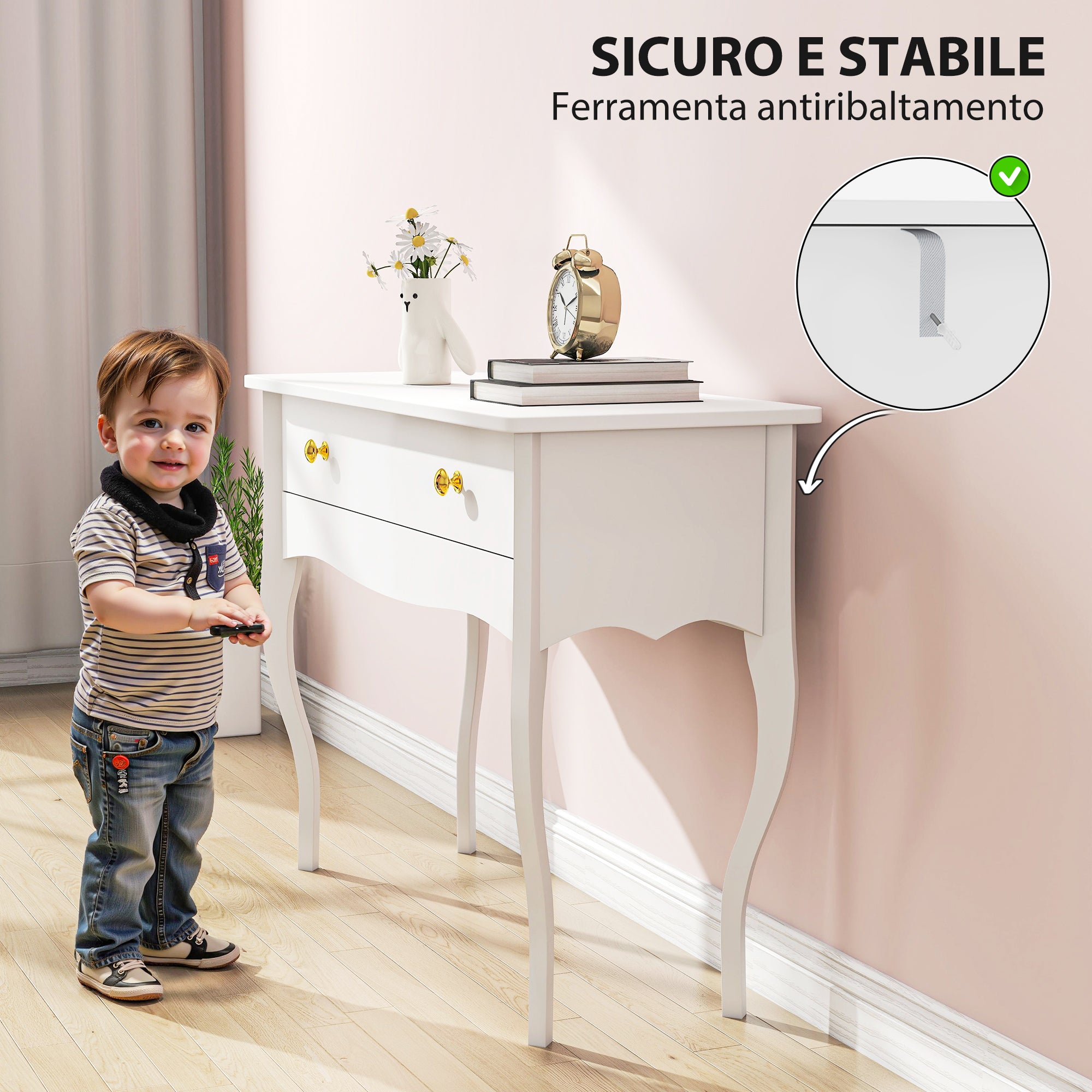 Dressing Table and Console Table for Entrance Hall with Large Wooden Drawer, 100x40x74 cm, White