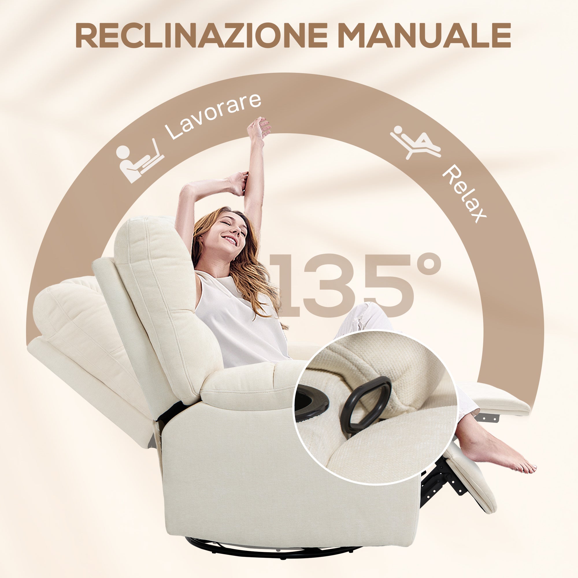 135° Reclining Chair with Cup Holder and Footrest, Linen Effect Fabric, 88x96x108 cm, Beige