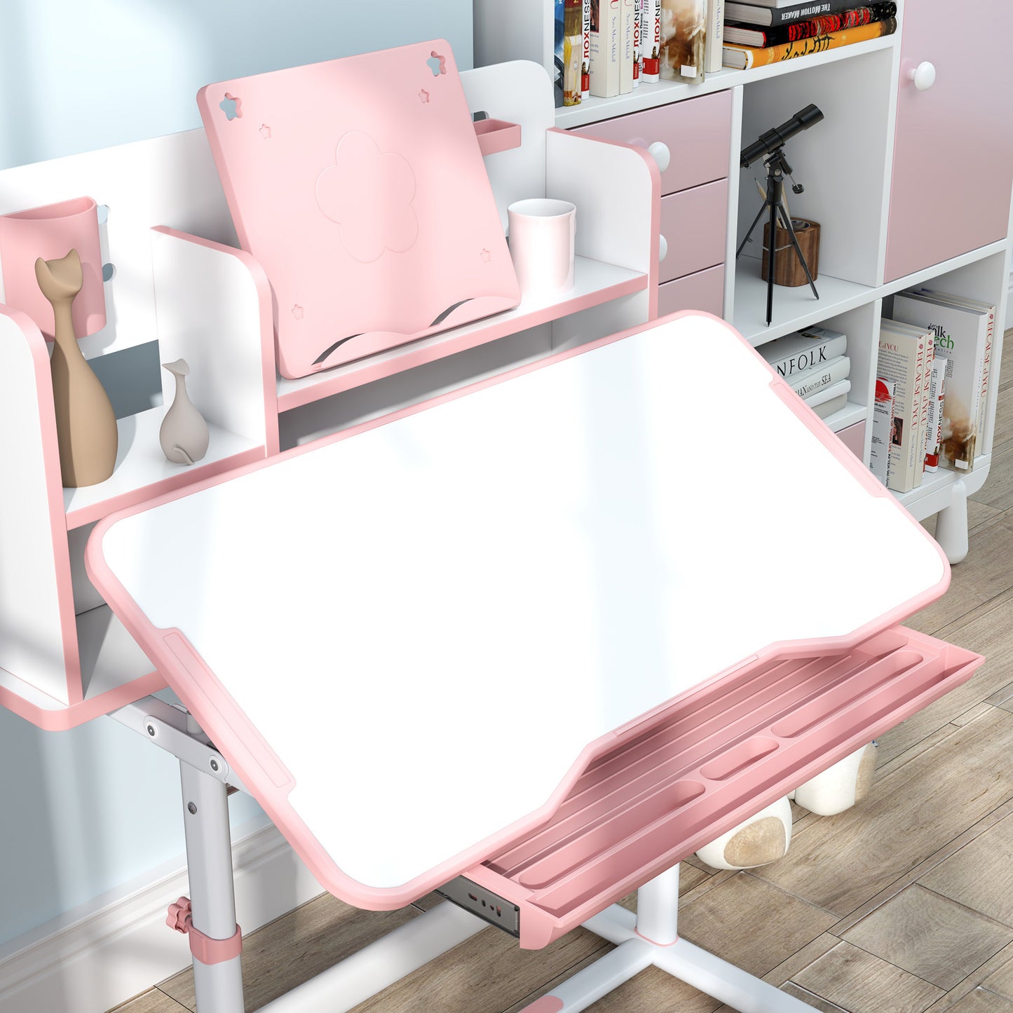 Adjustable Children's Desk and Chair Set, School Desk with Tilting Top, Drawer, Shelf, Pink