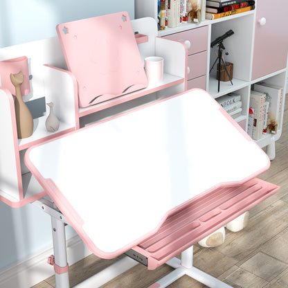 Adjustable Children's Desk and Chair Set, School Desk with Tilting Top, Drawer, Shelf, Pink