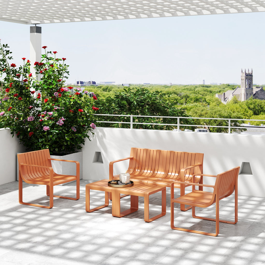 5 Piece Slatted Garden Set with Sofa, 2 Armchairs and 2 Coffee Tables in Orange Polypropylene