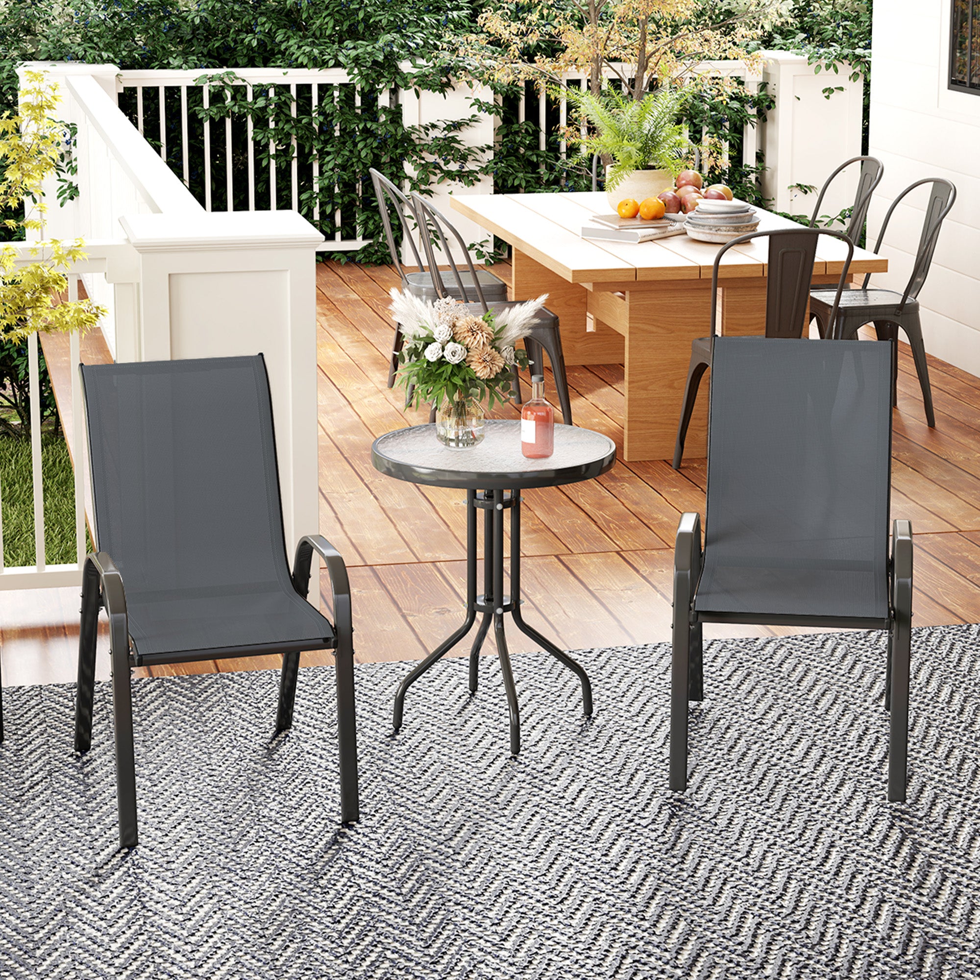 Outsunny 3-Piece Garden Set with 2 Garden Chairs 54x71x93 cm and Round Table Ø60x71 cm in Dark Grey Steel