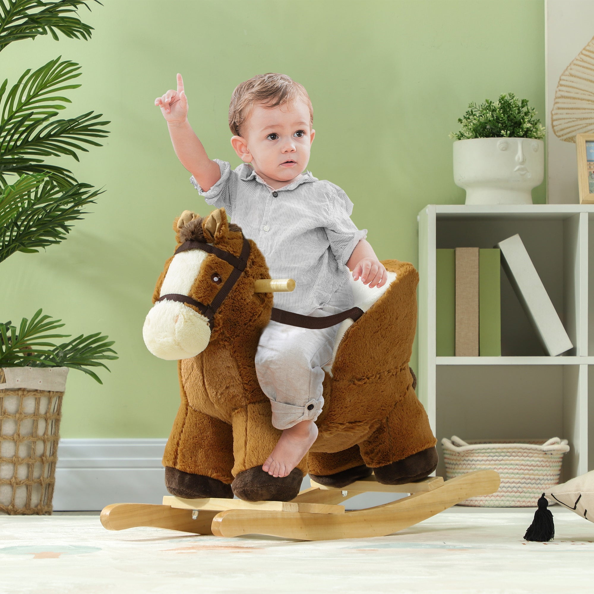 Rocking Horse for Babies 18-36 Months with Sounds, Wooden Base and Safety Belt, Brown