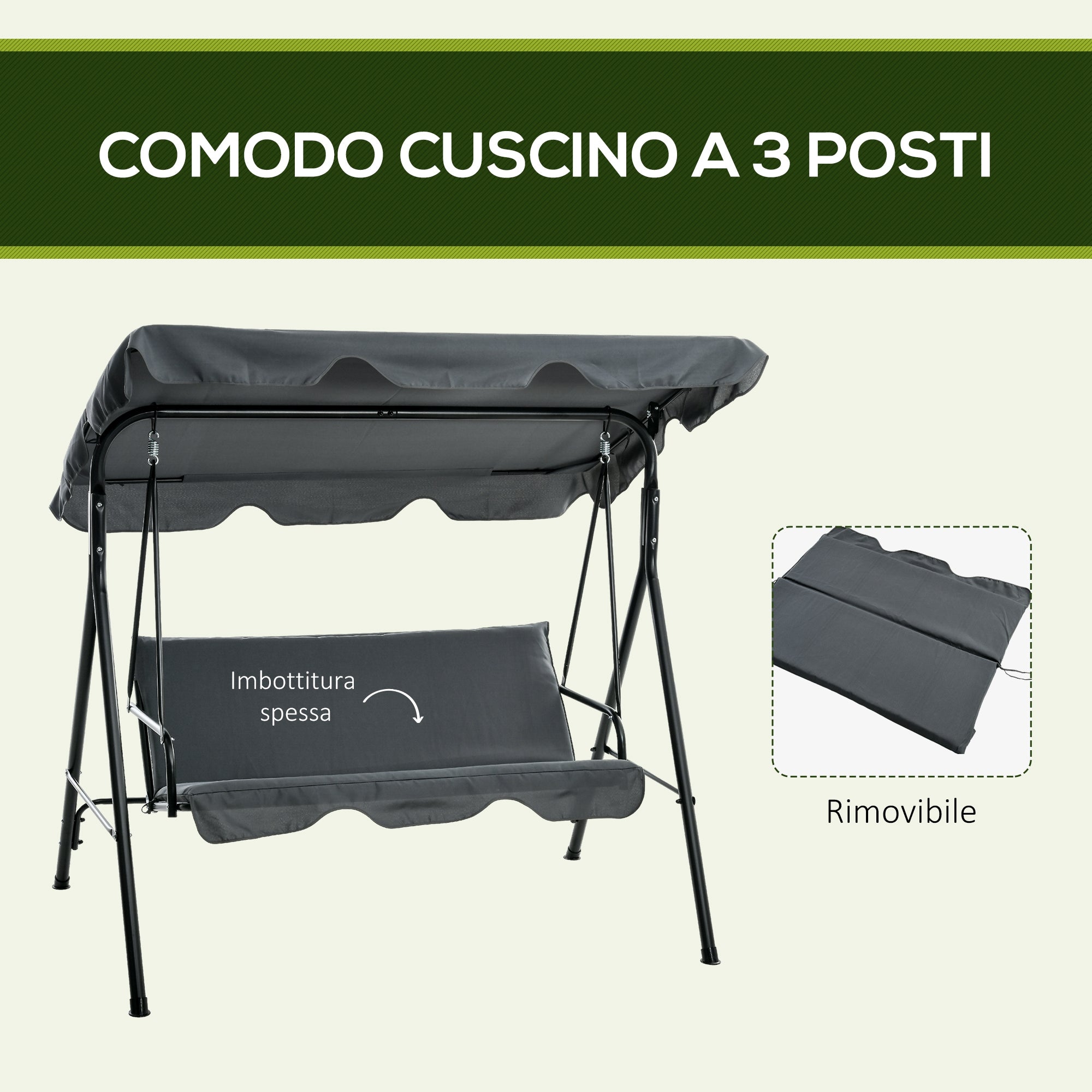 3-seater swing with adjustable canopy and cushions, in steel and polyester, 172x110x153 cm, gray - Borgè