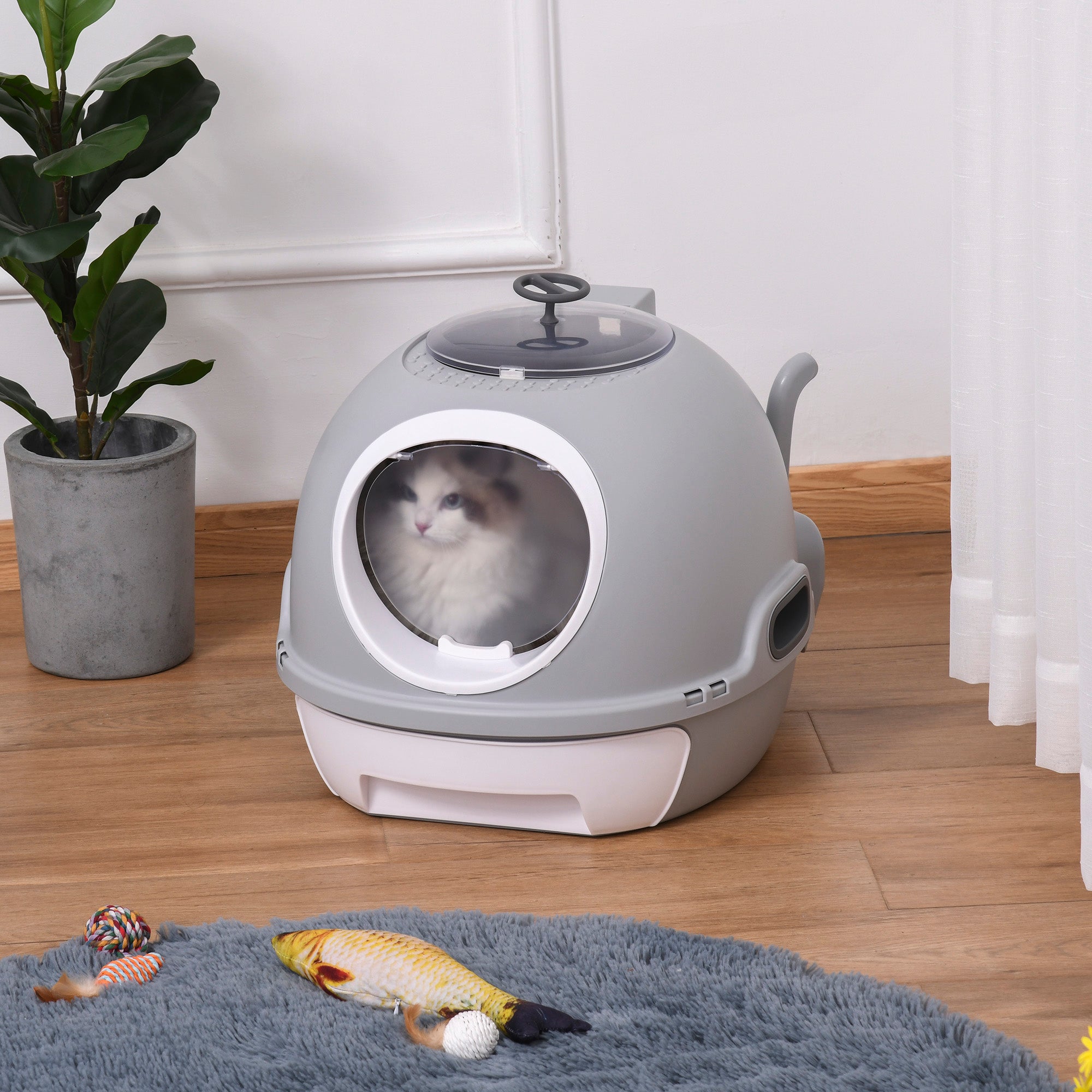 Enclosed Cat Litter Box with Removable Tray, 2 Entrances and Scoop, 47x55x44 cm, Grey