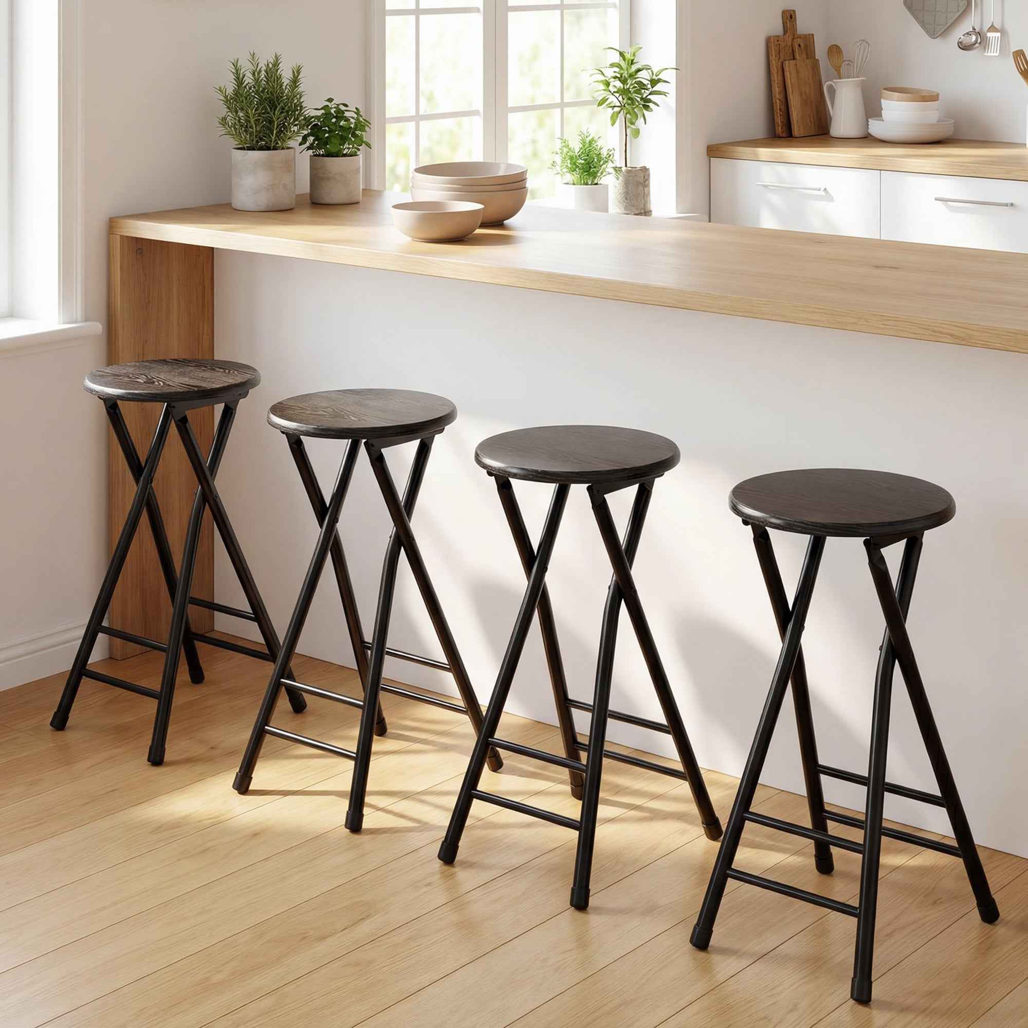 HOMCOM Set of 2 Folding Bar Stools with Double Footrest, Wood and Steel, 34x30x70 cm, Black
