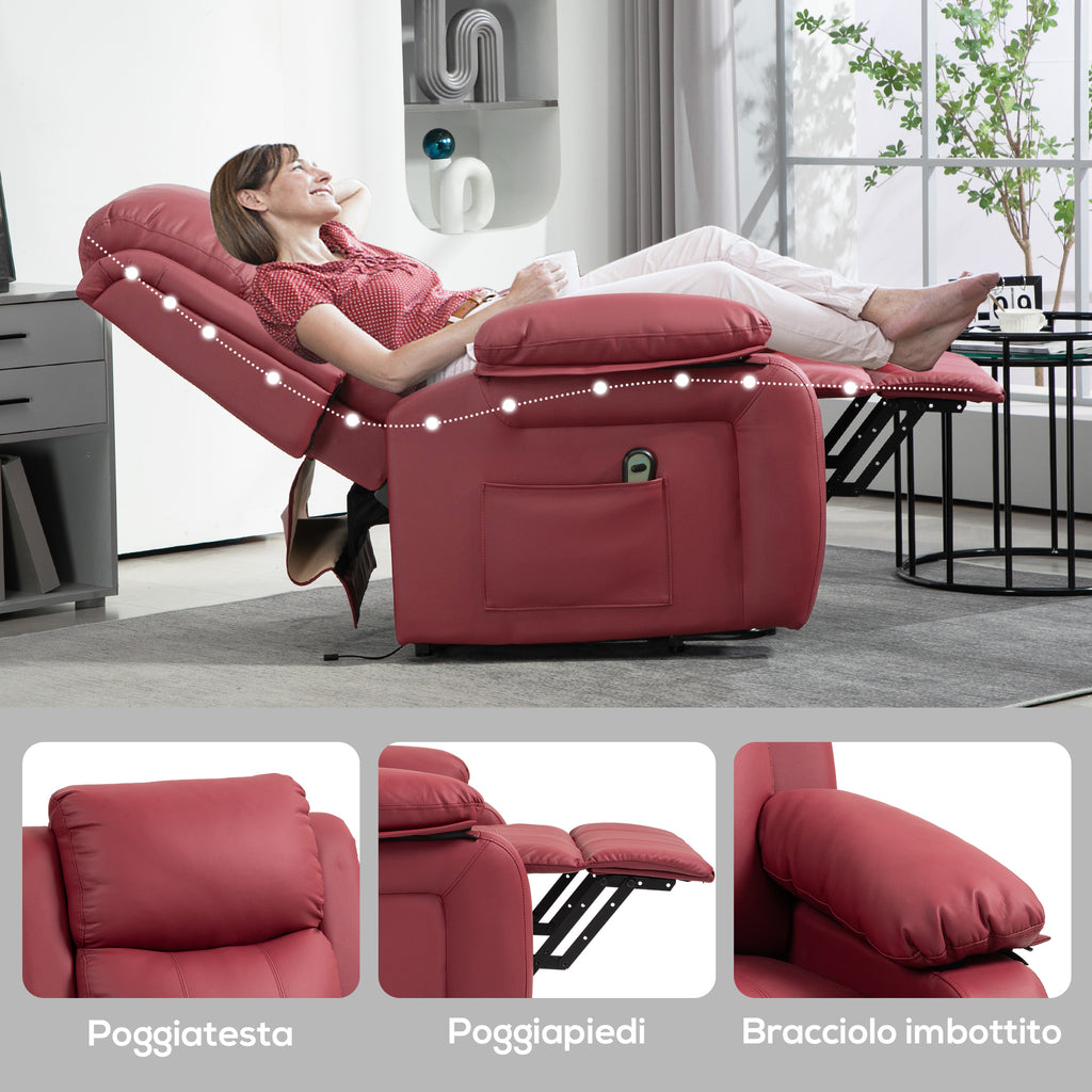 Lift Recliner Chair with Footrest and Remote Control, PU Leather, 76x90x105 cm, Red