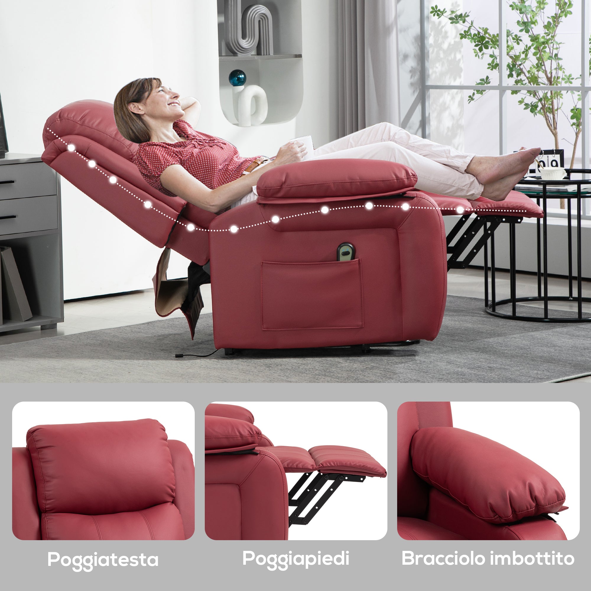 Lift Recliner Chair with Footrest and Remote Control, PU Leather, 76x90x105 cm, Red