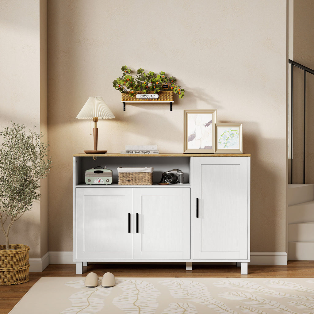 Kitchen Sideboard with Soft-Close Doors, 2 Cupboards and Open Wooden Compartment, 110x33x75 cm, White