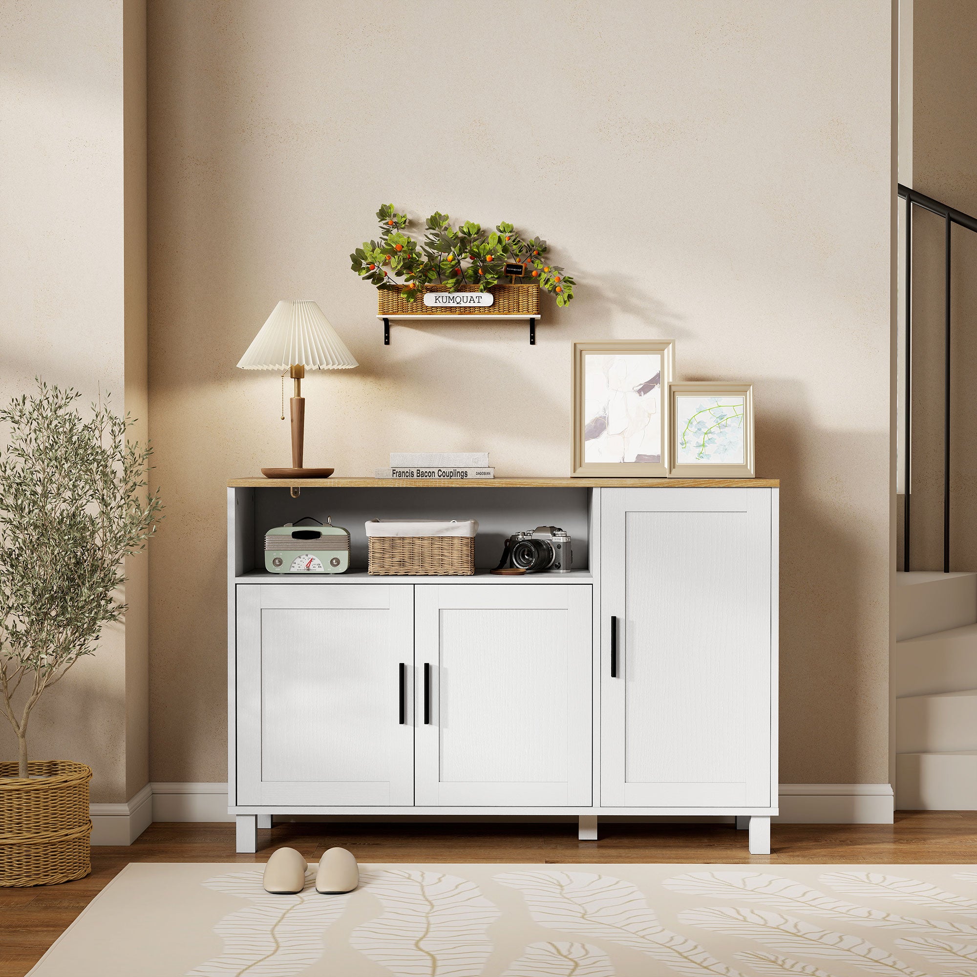 Kitchen Sideboard with Soft-Close Doors, 2 Cupboards and Open Wooden Compartment, 110x33x75 cm, White
