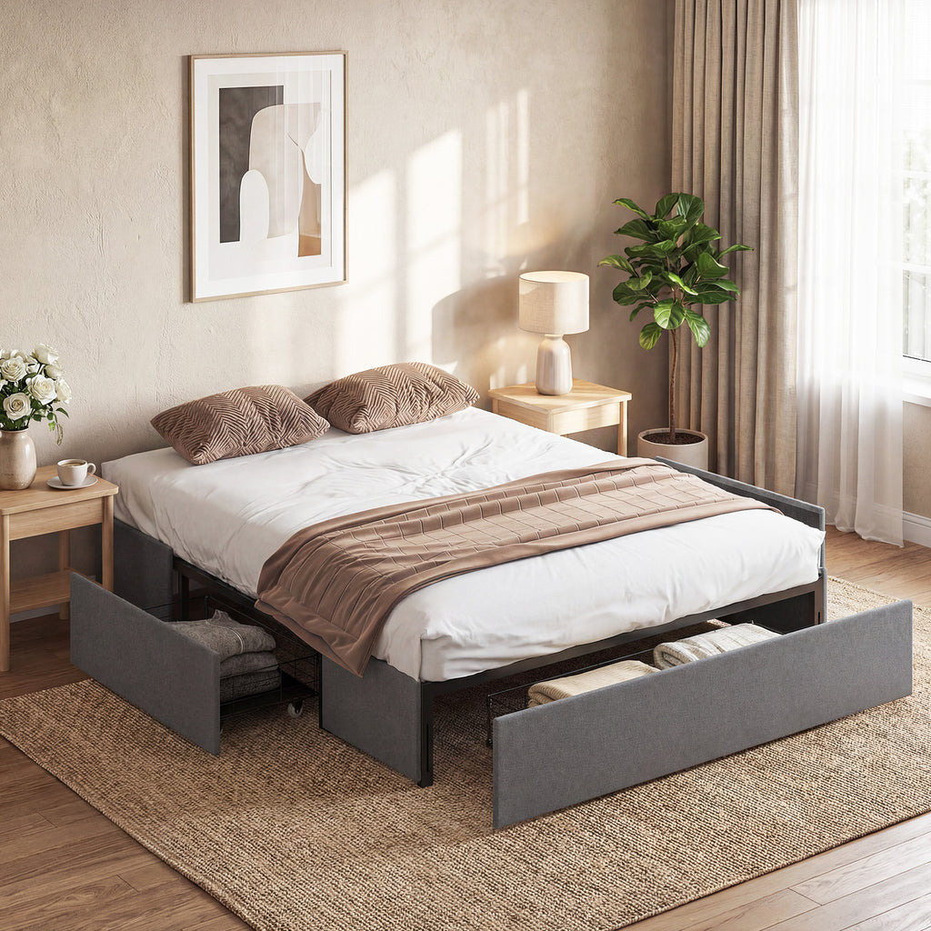 Double Bed Frame with Slats and 3 Drawers, in Wood, Polyester and Metal, 165x193x30 cm, Grey