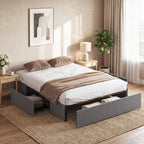 Double Bed Frame with Slats and 3 Drawers, in Wood, Polyester and Metal, 165x193x30 cm, Grey