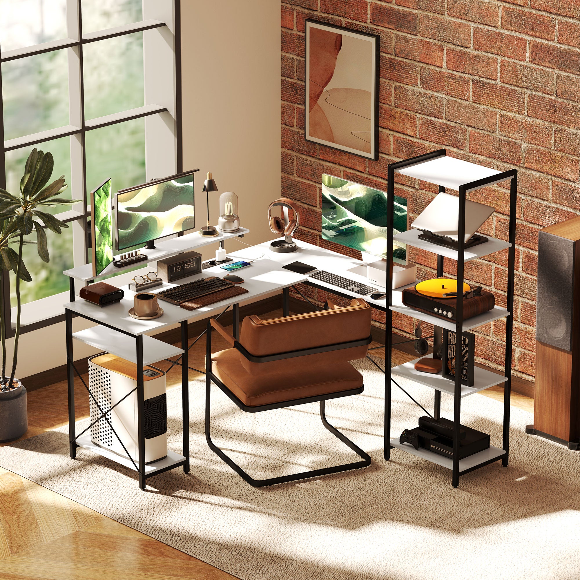 Corner Desk with Electrical & USB Outlet, Shelf & Monitor Stand, Black & White