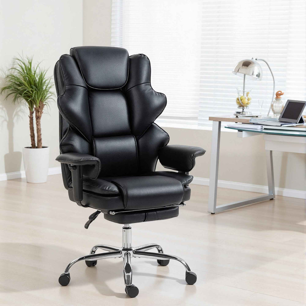 HOMCOM Office Chair with Footrest and Headrest, PU Leather, Foam and Metal, 76x73x117-125 cm, Black