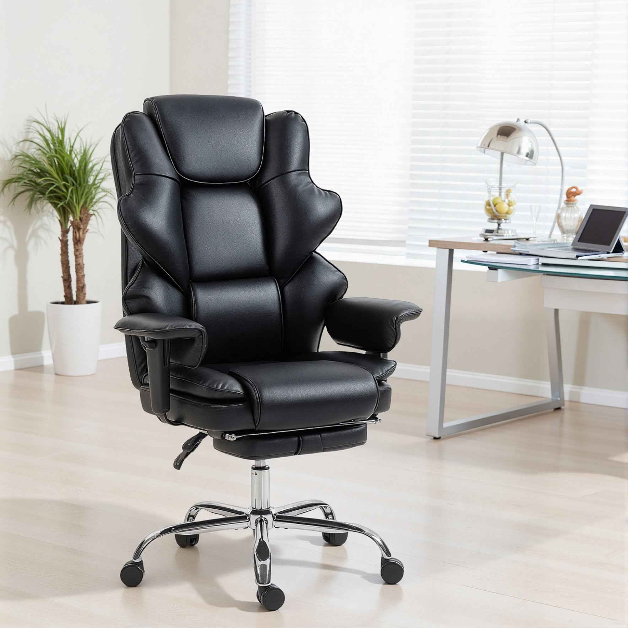 HOMCOM Office Chair with Footrest and Headrest, PU Leather, Foam and Metal, 76x73x117-125 cm, Black